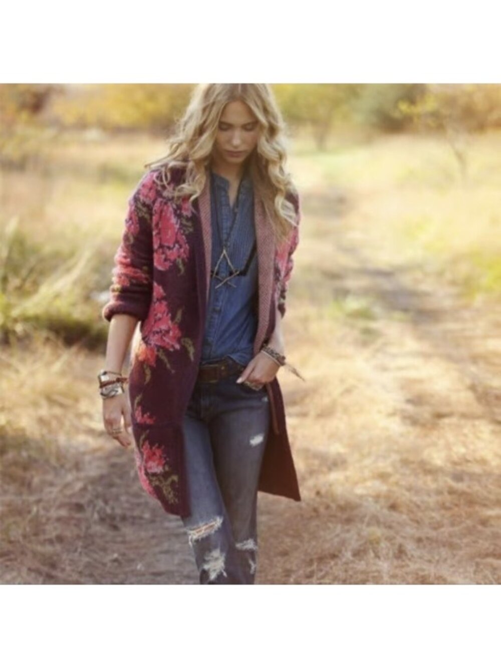 Free People Flower Power Cardigan Rose Sweater Floral Duster Longline Boho Sm